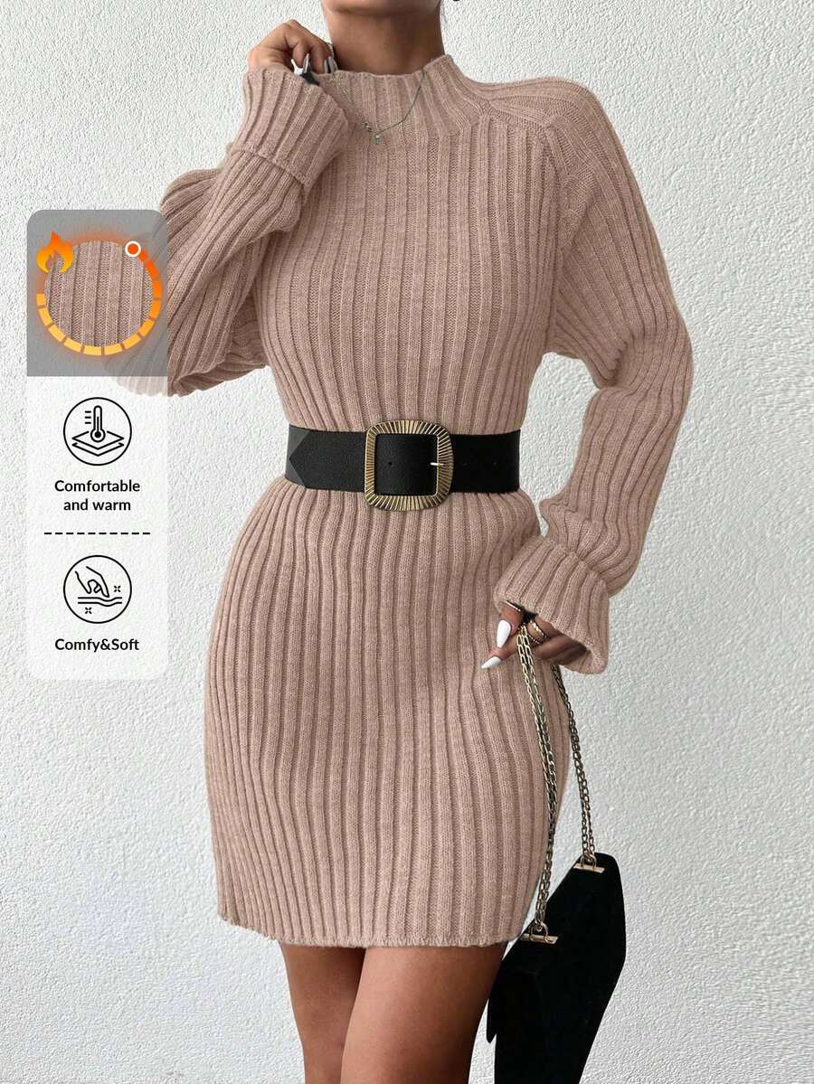 EURMUSE Women's Solid Color Stand Collar Raglan Sleeve Knit Dress,Petite - Camel - View 1