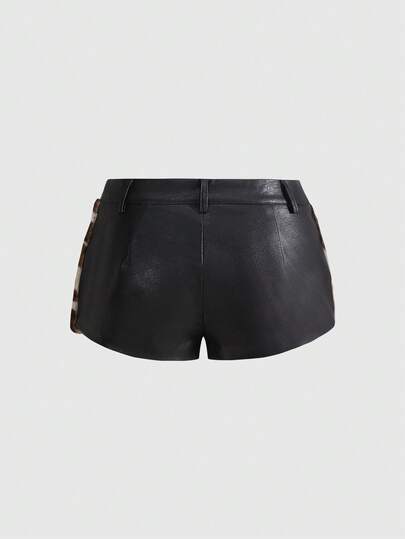 Hippie Short en PU à taille basse avec patchwork de fausse et imprimé animal, style hippie chic rétro Y2K pour femmes