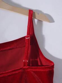 青少年女孩优雅简约时尚垂坠领口无袖收腰开衩设计长款纯色天鹅绒超长连衣裙，酒红色，适合圣诞派对、毕业典礼、舞会、婚礼宾客 - 酒紅色 - 查看 6