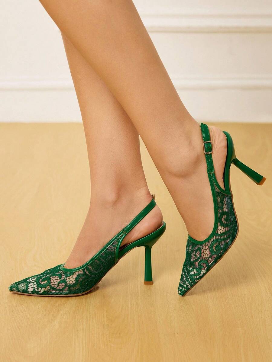 CUCCOO HITCHD 女士刺绣蕾丝尖头细高跟优雅浪漫白色新娘婚鞋 - 軍綠色 - 查看 1