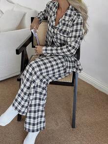 SHEIN 女士休闲纹理格纹印花长袖上衣和裤子睡衣套装，冬季服装 - 彩色 - 查看 3
