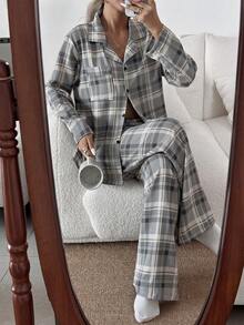 SHEIN 女士休闲纹理格纹印花长袖上衣和裤子睡衣套装，冬季服装 - 彩色 - 查看 3