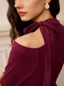 Omancia Women's Ruffle Collar Long Sleeve Off-Shoulder Pleated Fitted Fashionable Dress - Coffee - View 6