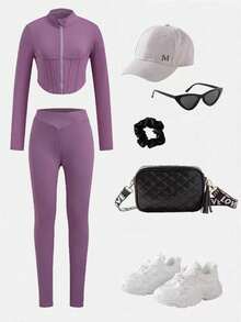 SHEIN 青少年女孩针织纯色拉链夹克和紧身裤休闲运动时尚运动装，长袖运动衫和紧身裤两件套，青少年女孩运动服 - 紫色 - 查看 8