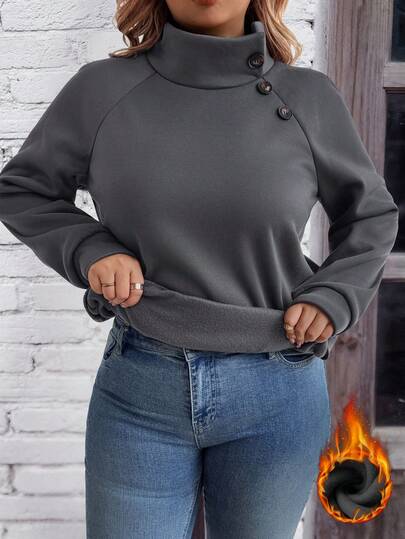 SHEIN Tall CURVE 大码纯色立领羊毛卫衣，休闲，秋冬季，长袖上衣，毕业季，返校季，毕业典礼，女教师，秋季套头衫