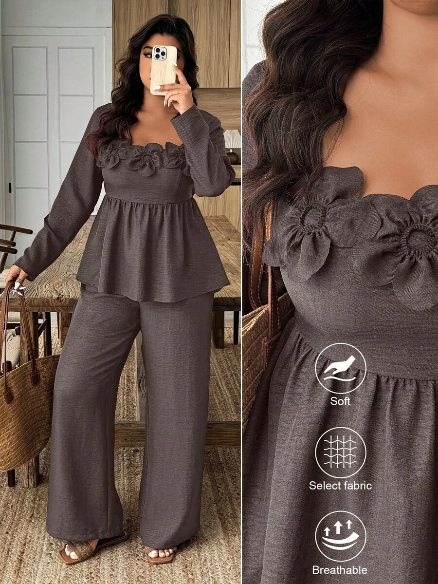 Weeklong 2pcs Plus Size Square Neck Ruffle Hem Floral Decor Top And Pants Set - Brown - View 1