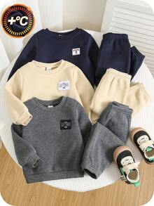 SHEIN 6pcs/Set Baby Boys Thermal Lined Crew Neck Sweatshirt&Jogger Pants Outfit Set,Navy Blue,Autumn,Modest,Evening Casual Unisex Winter Toddler Clothes - Multicolor - View 1
