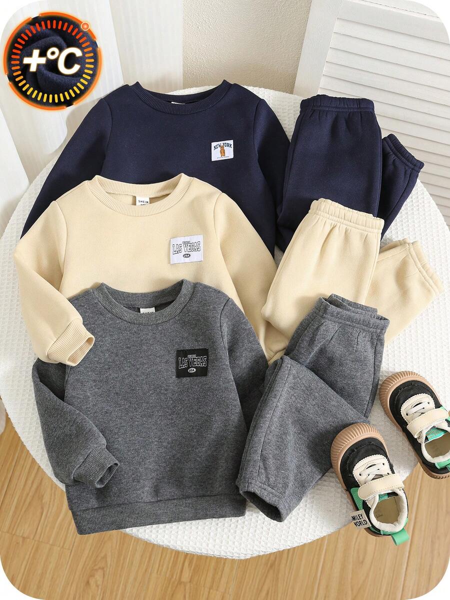 SHEIN 6pcs/Set Baby Boys Thermal Lined Crew Neck Sweatshirt&Jogger Pants Outfit Set,Navy Blue,Autumn,Modest,Evening Casual Unisex Winter Toddler Clothes - Multicolor - View 1