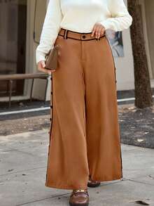 Calvaya Pantalones anchos de talle alto con botones laterales decorativos, en marrón y negro, de corte holgado y cómodo, versátiles para uso casual, de oficina y al aire libre, en tallas grandes - Marrón - Ver 1