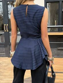 Siren Gaze 新款秋冬腰部条纹长袖衬衫，藏蓝色复古时尚通勤衬衫，条纹图案不对称下摆休闲通勤背心，适合所有季节，藏蓝色条纹，荷叶边上衣，荷叶边衬衫，女士休闲上衣，女士休闲上衣，不对称上衣 - 藏蓝色 - 查看 2