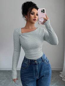 Selianne Camiseta de manga larga con cuello oblicuo plisado, de unicolor y textura cepillada, ajuste slim, casual para otoño/invierno - Gris - Ver 5