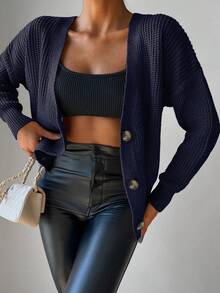 EURMUSE Drop Shoulder Cardigan With Buttons Facing Up - Navy Blue - View 5