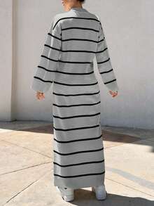 EURMUSE Women Stripe Pattern Round Neck Drop Shoulder Sweater Dress - Light Grey - View 3