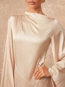 Lumalex 早春亮面缎面泡泡袖褶皱喇叭连衣裙，收腰设计，适合女士，尽显奢华新年新风尚，低调奢华，适合舞会、聚会、宴会、低调奢华、闪耀夺目的节日派对、锐舞音乐节、郊游、度假、户外、层次丰富的婚礼、情人节礼物指南、浪漫情人节穿搭、宴会、身份派对、新年派对造型、派对礼服、早春秋季连衣裙 - 杏色 - 查看 5