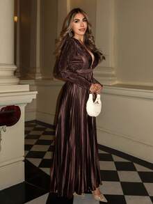 Xyvia 橄榄绿 V 领褶皱 A 字长款纽扣连衣裙，适合休闲办公室时尚外出派对优雅婚礼万圣节圣诞节新年秋冬季服装奢华连衣裙 - 咖啡 - 查看 4