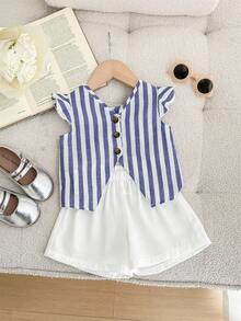 Babygirl Blue Striped Casual Matching Crop Top And Shorts Set, Summer