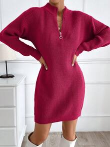 EURMUSE Vestido de malha casual de cor sólida com detalhe de zíper feminino - Rosa - Ver 4