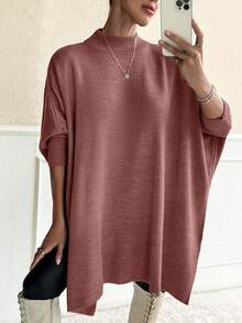 EURMUSE Women Solid Color Mock Neck Half Sleeve Oversize Pullover - Dusty Pink - View 3