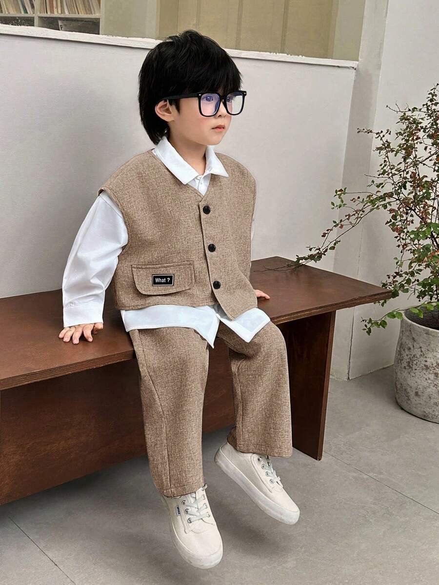 SHEIN 3 件套年轻男孩休闲、舒适、时尚的领衬衫、背心夹克和裤子套装，适合日常穿着、上学、旅行、运动、秋冬季