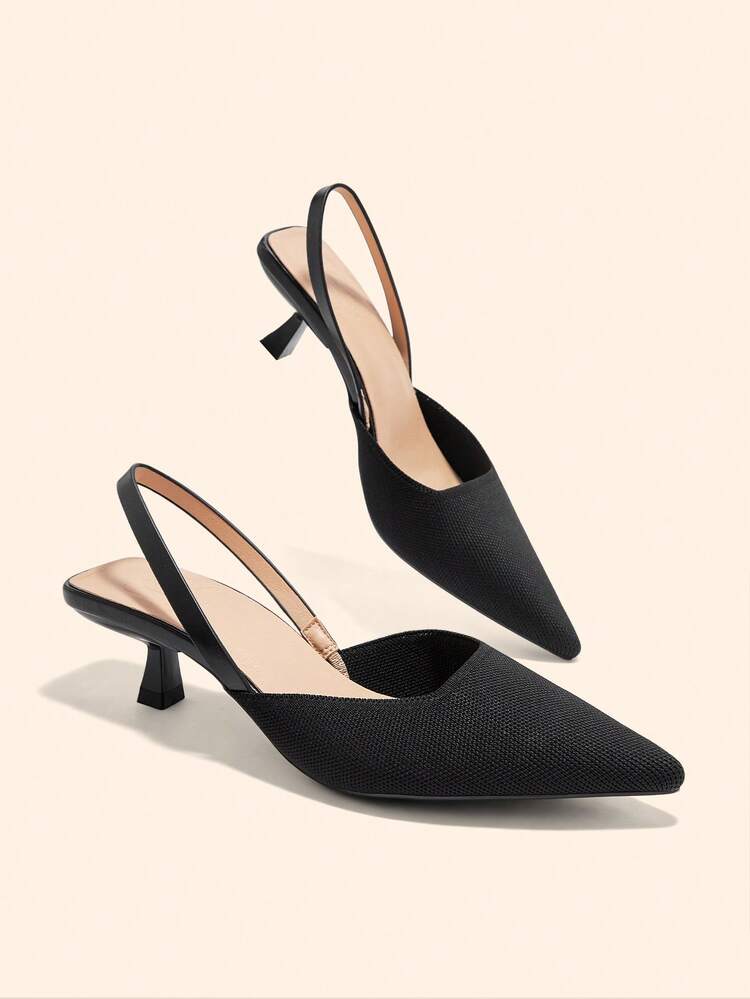 CUCCOO BASICS Black Knit Material Pointed Toe Kitten Heel Women's Slingback Pumps, Fashionable, Comfortable, Breathable, Versatile For Daily Wear And Work For Christmas Spring Shoes