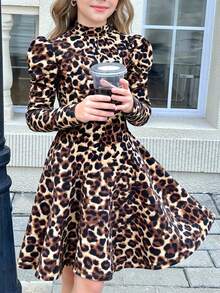 Brown Corset Teen Girl Elegant Clasi Leopard Print Mock Neck Gigot Long Sleeve A-Line Dress,For Autumn Winter Fall/Winter Dresses,Suitable For Casual Everyday Wear, Great For Casual & Daily Wear & School Daily, Elegant Parties Or Birthday Parties, For Christmas Party, Mom And Daughter Matching,Sister And Me Matching Leopard Print Dress