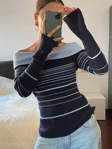 Livesso 女士休闲露肩条纹毛衣，秋季可爱上衣 - 藏蓝色 - 查看 5