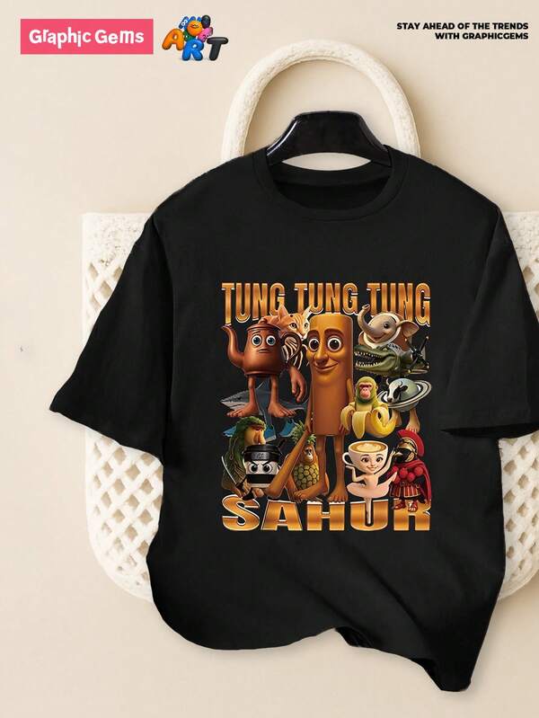 GraphicGems Tee-shirt à manches courtes col rond avec imprimé de figurine en bois à slogan humoristique "Tung Tung Tung Sahur" pour garçons préadolescents, t-shirt graphique "Italian Brainrot", hauts