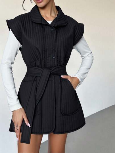 EURMUSE Casual Style, Floral Quilted, Self Belted Vest