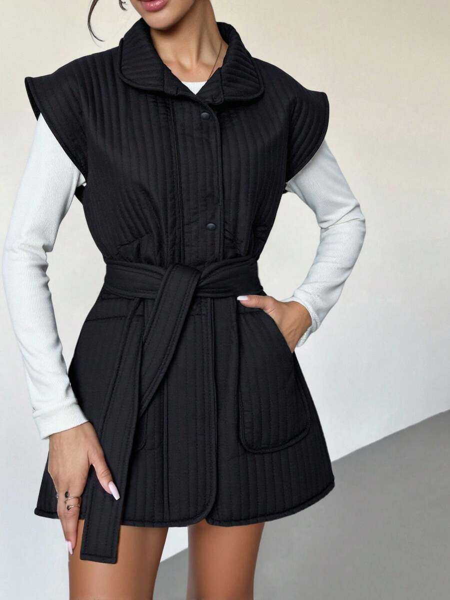 Casual Style, Floral Quilted, Self Belted Vest - Black - View 1