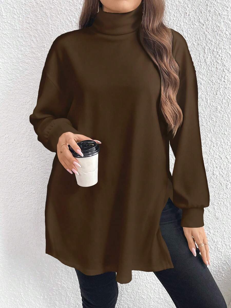 EMERY ROSE Deep Brown Casual Minimalist Plus Size Turtleneck Long T-Shirt, Spring/Autumn - Multicolor - View 1
