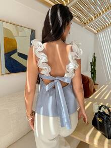 Serisse 2025秋冬优雅荷叶边条纹吊带背心，女士荷叶边拼接露背系带时尚上衣，蓝白条纹露背蝴蝶结上衣，女士办公上衣，适合工作和通勤，春秋季，优雅衬衫，端庄衬衫，商务休闲 - 藍白色 - 查看 5