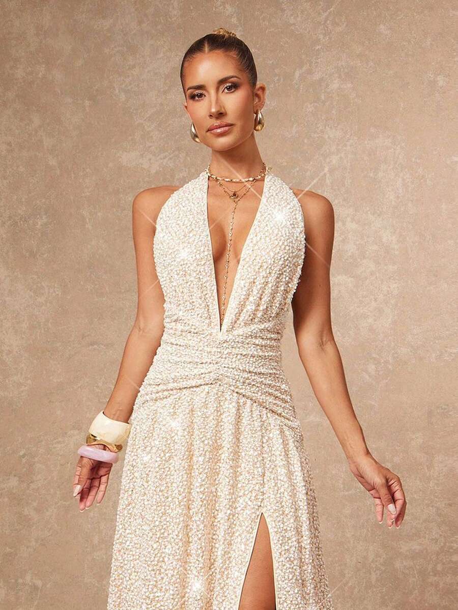 Lumalex Fall New Style WomenWinter Gathering Party Glamour Elegant Banquet Modest Old Money Glitter Holiday Party Glamour Elegant Rave Festival Outing Vacation Hot Outdoor Richly Layered Wedding Season Banquet Coming Of Age Ceremony Faux Fur, Sequin & Bead Embellished Backless High Slit Dress For Women White Sequin Dress Plunge Dress Deep V Dress White Rhinestone Dress Faux Pearl Dress Luxury Prom ID Al-Adha Al-Adha Party New Year
