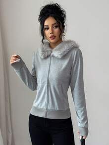 Elenzga 女士秋冬迷彩拼布针织连帽拉链运动衫，带口袋，灰色，适合万圣节、圣诞节、沙特国庆节、新年派对、毕业典礼、角色扮演 - 淺灰色 - 查看 6