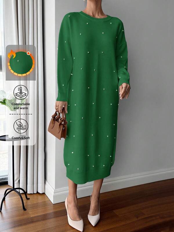 SHEIN Women Solid Color Round Neck Pearl Detailed Long Sweater Dress