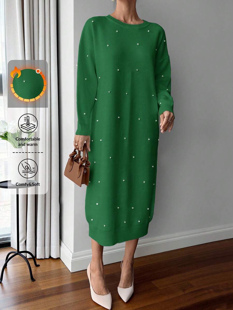 EURMUSE 女士纯色圆领珍珠细节长款毛衣连衣裙