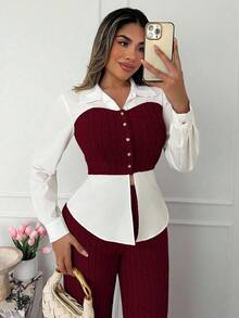 Xyvia Conjunto de 2 peças de blusa de manga comprida e calça larga feminina madura inteligente, cor damasco e branco, com patchwork de tecido AB, gola virada para baixo, blusa justa na cintura, calça larga canelada, adequada para escritório, campus, negócios, viagens, uso casual no outono, inverno, primavera - Borgonha - Ver 4