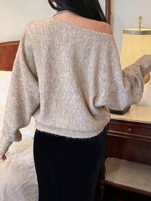 DAZY 秋冬优雅百搭圆领系带设计宽松女士长袖毛衣 - 卡其色 - 查看 2