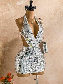 Soleia 女式纯色亮片性感深V领挂脖迷你连衣裙 - 銀色 - 查看 7