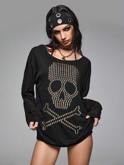 Grunge Punk Loose Fit Oversized Crew Neck Skull Rivet & Rhinestone Graphic Long Sleeve T-Shirt