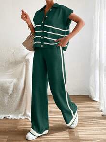 EURMUSE Women Stripe Polo Neck Short Sleeve Sweater And Pant Co-Ord Set,Petite,Winter Clothes - Dark Green - View 2