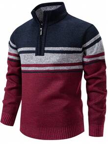 Manfinity Mode Men's Contrast Color Patchwork Fleece Sweater, Autumn/Winter Quarter Zip Sweater Pullover, Long Sleeve Top - Burgundy - View 3