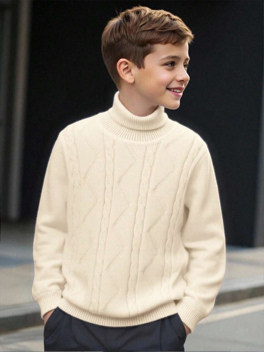 SHEIN Tween Boys' Casual Everyday Versatile Comfortable High Neck Long Sleeve Pullover Sweater Boy Cable Knit Sweater Boy Clothes Winter Boy Turtleneck Sweater Kids Knitwear