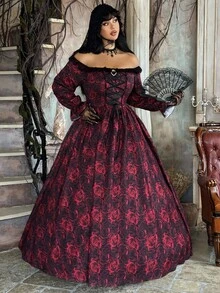 Lyrianda Plus Size Women's Autumn/Winter Off Shoulder Long Sleeve Ruffle Trim Bow Tie Waist A-Line Rose Print Elegant Vintage Cute Palace Style Romantic Maxi Dress