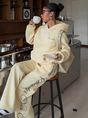 Muchica Women's Letter Print Hoodie And Sweatpants Yellow Knit Tracksuit Set, Autumn/Winter,Street Wear