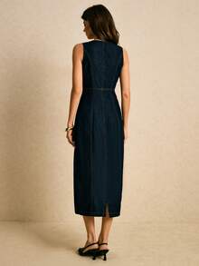 Poéselle Women's Fashion Front Button Sleeveless Denim Dress, Suitable For Commuting Summer Dresses For Women Denim Midi Dress Women Denim Dresses Casual Midi Dress Curve Denim Dress Denim Button-Down Dress Denim Dress For Women - Dark Wash - View 2