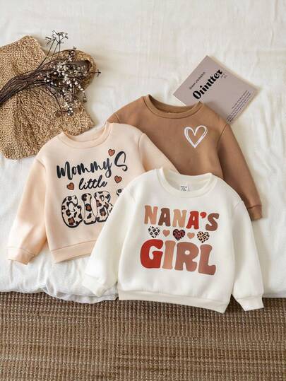 SHEIN 3pcs Cute Casual Versatile Knit Heart & Letter Graphic Long Sleeve Sweatshirts For Babygirl