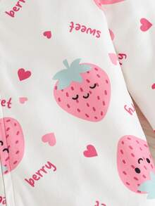 Cozy Pixies Baby Girl Strawberry Pattern Knitted Soft Crew Neck Long Sleeve Romper With Pants, Thickened Strawberry Print Jumpsuit, Thermal Lined Jumpsuit