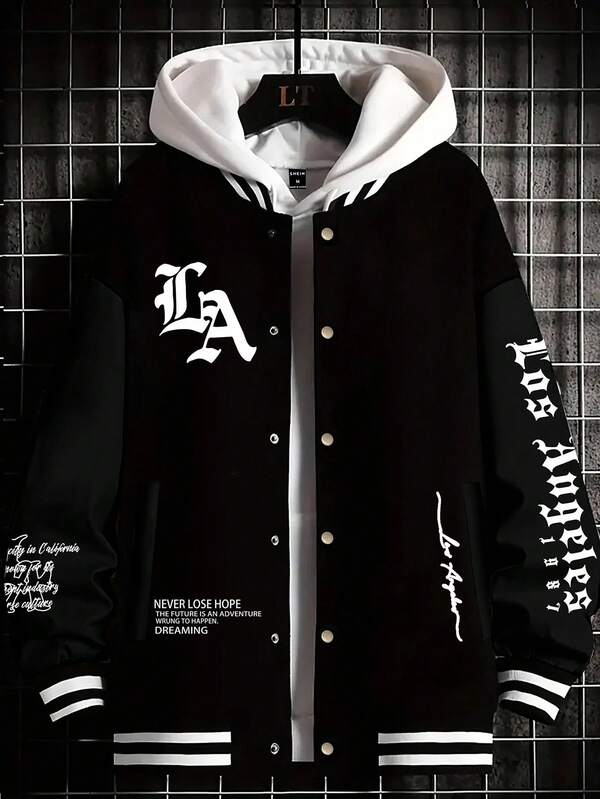 Manfinity Homme Chaqueta casual de manga larga con botones y estampado de letras para hombre, estilo grunge, para otoño/invierno, con forro térmico