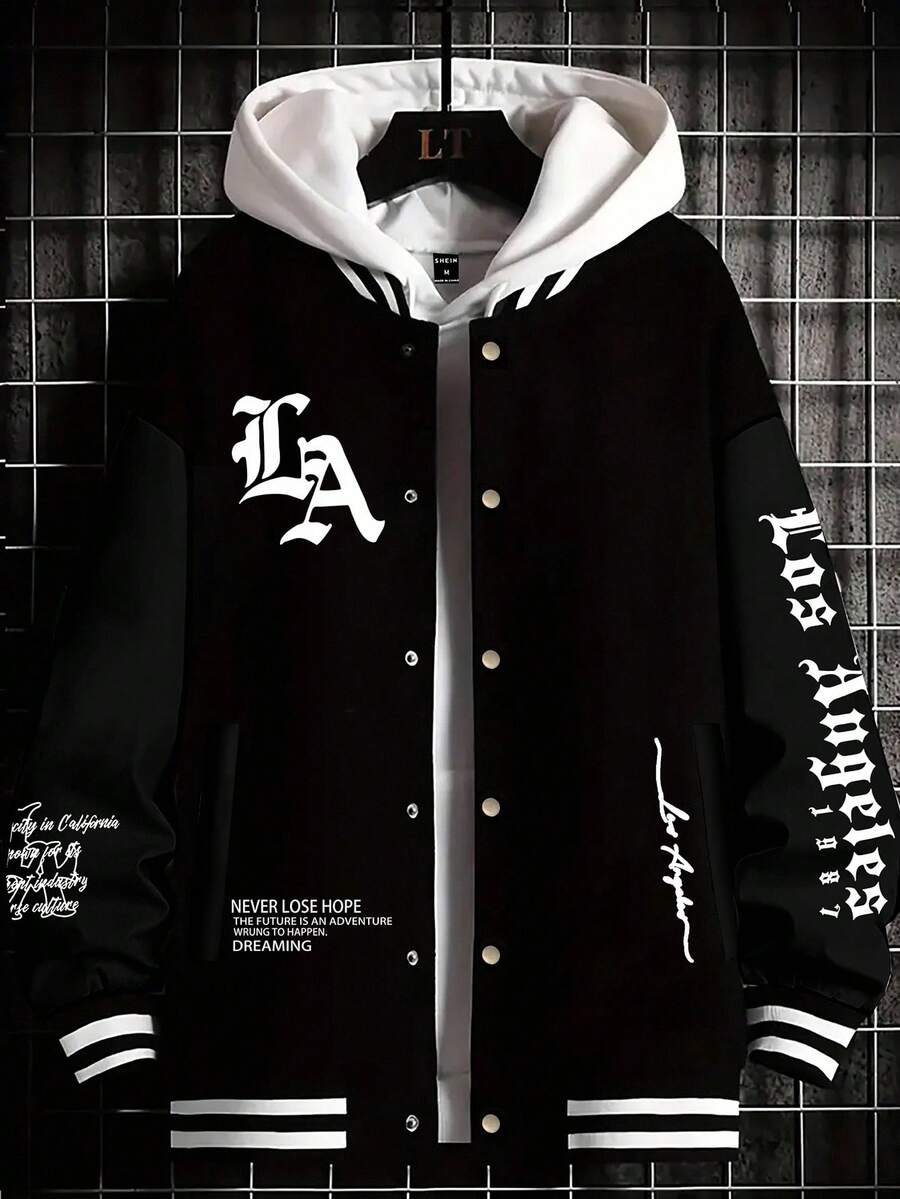 Manfinity Campus Court 男士字母印花前开襟纽扣休闲长袖保暖夹克，复古风，秋冬季保暖夹克 - 黑色 - 查看 1