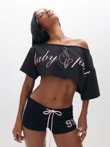 BABYPHAT Off Shoulder Cropped Sweatshirt With Pink Script Logo For Casual Everyday Comfort - Black - View 5